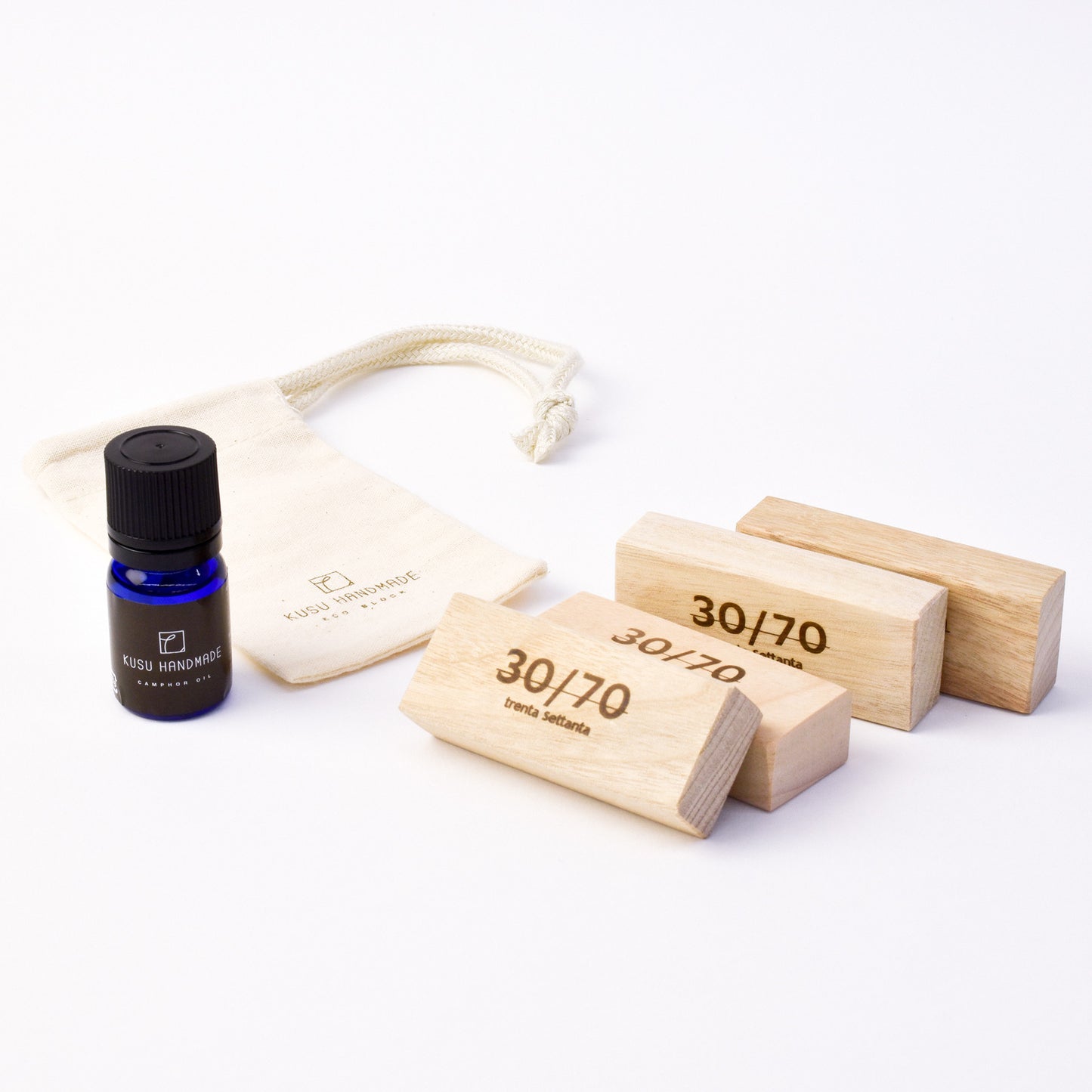 【30/70×KUSU HANDMADE】エコブロック4個+オイル+コットンポーチセット